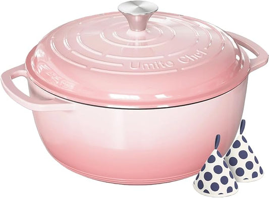 Umite Chef 6QT Enameled Cast Iron Dutch Oven with Lid, Versatile Heavy-Duty Cookware Pot for Baking Bread, Braising, Soups & Stews, Oven & Stovetop Safe with Heat Resistant Gloves(Pink) by UmiteChef