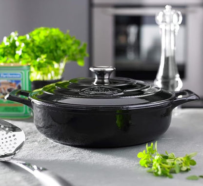 La Cuisine Enameled Cast Iron Braiser Sauté Pan Shallow Casserole with lid, 3.75 Quart 11" Dia. Matt Black Enamel Coating Interior, Glossy Black Exterior, Oven Safe, Induction Cooktop Compatible