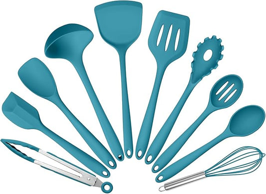 Silicone Cooking Utensils Set of 10, Kitchen Utensils Set for Cooking, 446°F Heat Resistant Silicone Kitchen Tools with Turner Spatula, Soup Ladle, Serving Spoons, Tongs for Nonstick Cookware - Blue