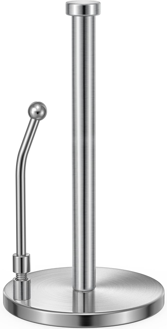 SMARTAKE Paper Towel Holder, Paper Towel Dispenser Standing Weighted Base Non Slip, Spring Arm for Easy Tear, Stainless Steel Paper Towel Holder for Home Kitchen Countertop Tabletop, Silver by SMARTAKE