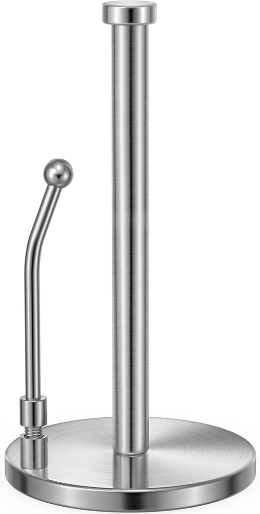 SMARTAKE Paper Towel Holder, Paper Towel Dispenser Standing Weighted Base Non Slip, Spring Arm for Easy Tear, Stainless Steel Paper Towel Holder for Home Kitchen Countertop Tabletop, Silver by SMARTAKE