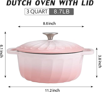 Enameled Cast Iron Dutch Oven Pot with Lid, 3 QT Dutch Oven for Bread Baking, Heavy Duty Cast Iron Pot for Braising, Cook, Bake, Oven Safe across All Cooktops (Pink,3 QT)