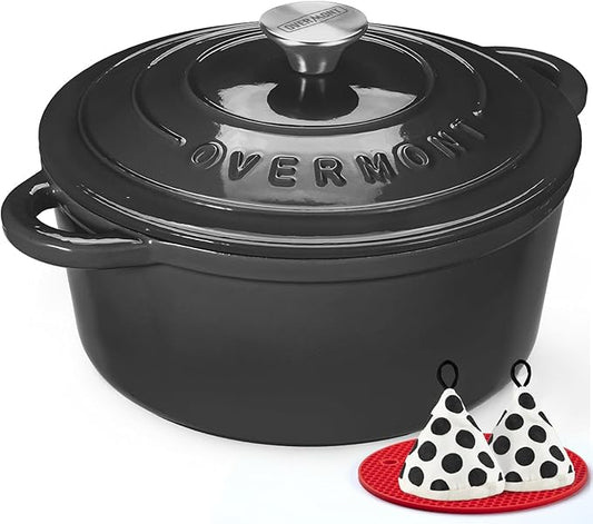 Overmont Enameled Cast Iron Dutch Oven - 5.5QT Pot with Lid Cookbook & Cotton Potholders - Heavy-Duty Cookware for Braising, Stews, Roasting, Sourdough Baking Graphite Gray by Overmont