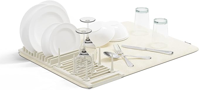 Umbra Udry Dish Rack with Movable Pegs and Microfiber Drying Mat – Space-Saving Design Folds Up for Easy Storage, Basic Rack, Linen by Umbra