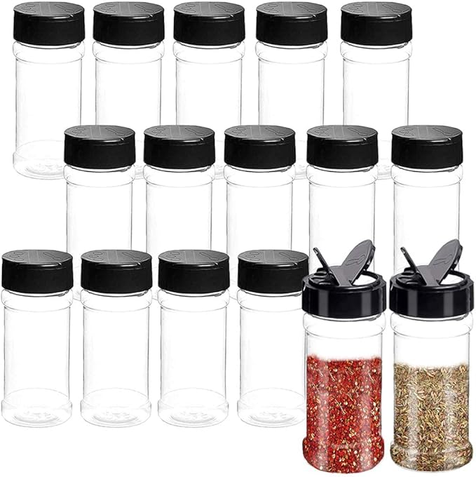 16 PCS 3.5oz Plastic Seasoning Containers with Black Screw Lids to Pour or Shake,Portable Empty Clear Spice Jars,Storage Seasoning Containers for Spice,Powders,Peppers by Qiuttnqn