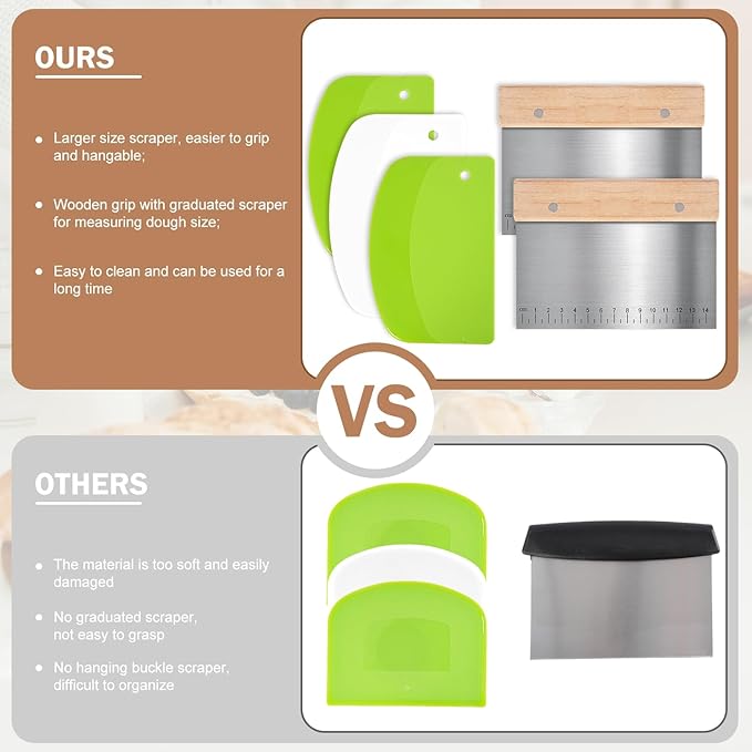 5 Pcs Bench Scraper, Bench Scraper Kitchen 2 Pcs Stainless Steel Dough Scraper with Wood Handle and 3 Pcs PP Food Scraper with Hanging Hole, Multipurpose Bread Dough Cutter for Baking-Green - Image 5