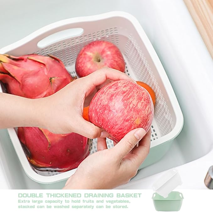 Double-layer Draining Basket Plastic Fruits & Vegetable Wash & Drain Basket, Multi-layer Stackable for Kitchen (Green)