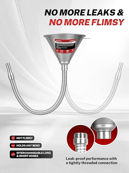 BILITOOLS 4pc Oil Change Kit, Spill-Free Steel System with Filter & 14.6"/26.2 Hoses + Reusable Flexible Funnel for Automotive Use, Universal Oil Funnel Kit for Engine, Transmission & Cooling Systems - Image 3