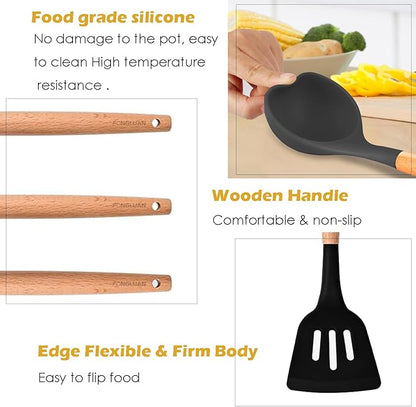 Kitchen Utensils. Set of 3, Silicone Cooking Utensils Set, Turner/Spatula, Spoons with Wooden Handle, Heat Resistant, Nonstick Cookware, Dishwasher Safe, Black