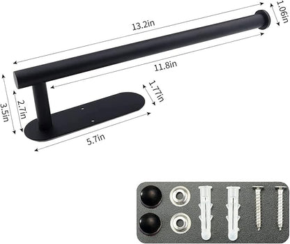 Paper Towel Holder with 2 Hooks-Under Cabinet Paper Towel Holder for Kitchen, Self-Adhesive or Screws, Space Saving Wall Mounted Kitchen Roll Holder, Bathroom, Stainless Steel Matte Black