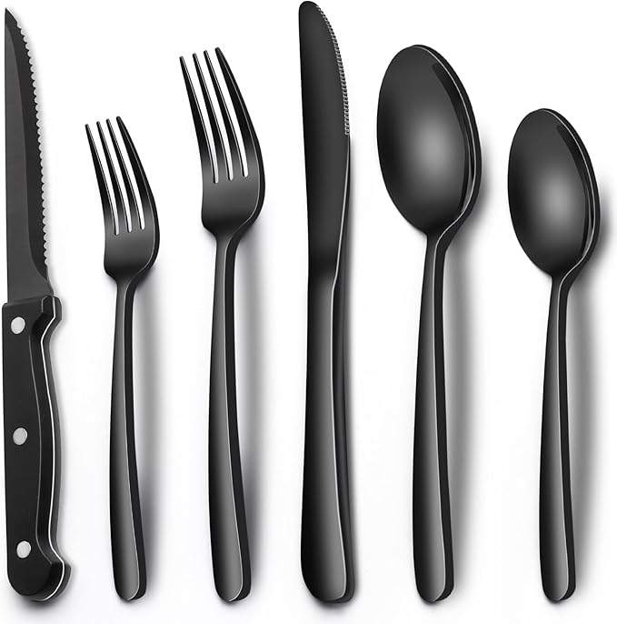 EWFEN 24-Piece Black Silverware Set with Steak Knives, Black Flatware Set for 4, Food-Grade Stainless Steel Tableware Cutlery Set, Mirror Finished Utensil Sets for Home Restaurant, Heavy Duty by EWFEN