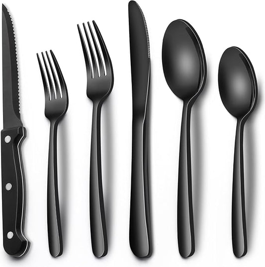 EWFEN 24-Piece Black Silverware Set with Steak Knives, Black Flatware Set for 4, Food-Grade Stainless Steel Tableware Cutlery Set, Mirror Finished Utensil Sets for Home Restaurant, Heavy Duty by EWFEN