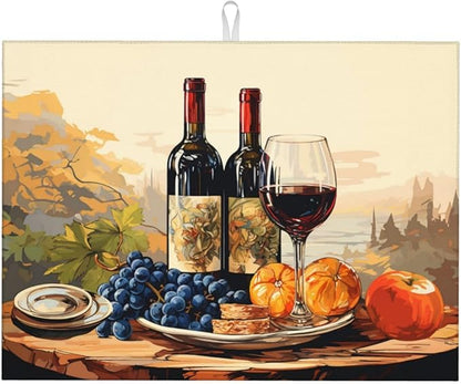 Art Wine Bottle Dish Drying Mat XL Microfiber Kitchen Drying Mat Large Dish Drying Mats for Kitchen Counter Absorbent Quick Drying Pad 18x24 Inch