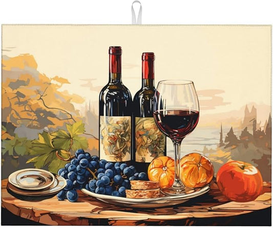 Art Wine Bottle Dish Drying Mat XL Microfiber Kitchen Drying Mat Large Dish Drying Mats for Kitchen Counter Absorbent Quick Drying Pad 18x24 Inch