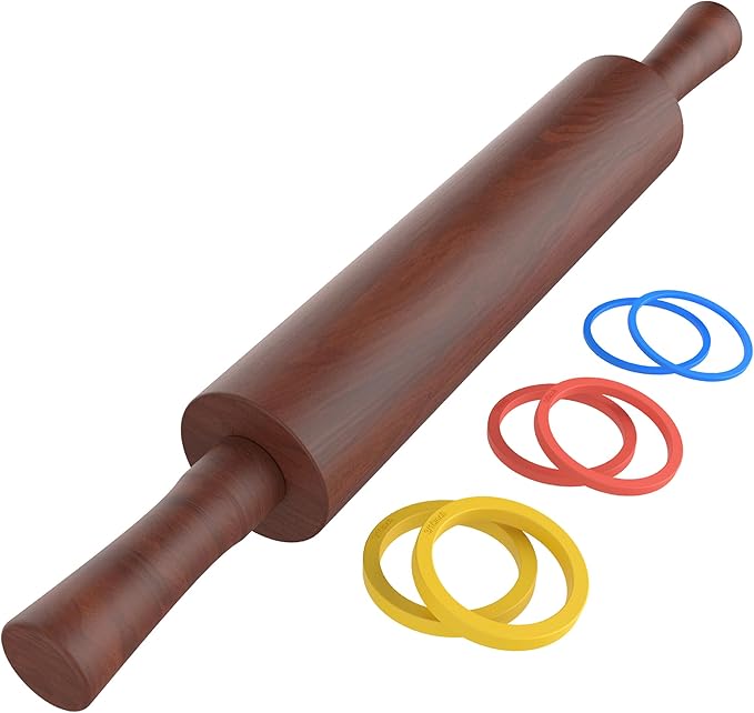Classic Wooden Rolling Pin with Handle for Fondant, Pizza, Pies, Cookies, Pastries, Rolling Pin for Baking with 3 Multi-Color Thickness Rings, 17" x 2.5" (Include handle) Sapele Rolling Pin by MeppleMakeYourLifeSimple