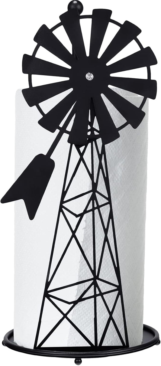 Vesici Windmill Paper Towel Holder Western Farmhouse Standing Paper Towel Roll Holder Black Countertop Metal Farm Decor Rustic Country Kitchen Rack for Kitchen Bathroom Home, 14.4 Inch