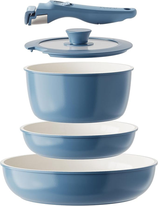 Redchef Ceramic Cookware Set, Removable Handle Pots and Pans Non-Stick, Rv Cookware Set, Non-Toxic Pots and Pans Set No PFAS, PTFE, PFOA, Detachable Pots and Pans, Dishwasher & Oven Safe(Blue) by Redchef