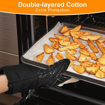 AUAUY Oven Mitts and Pot Holders 4PCS Set, 230°C/446°F Heat Resistant BBQ Gloves, Extra Thicken Long Cotton Oven Mittens, Silicone Stripes Non-Slip Kitchen Mittens for Cooking Baking Grilling - Image 4
