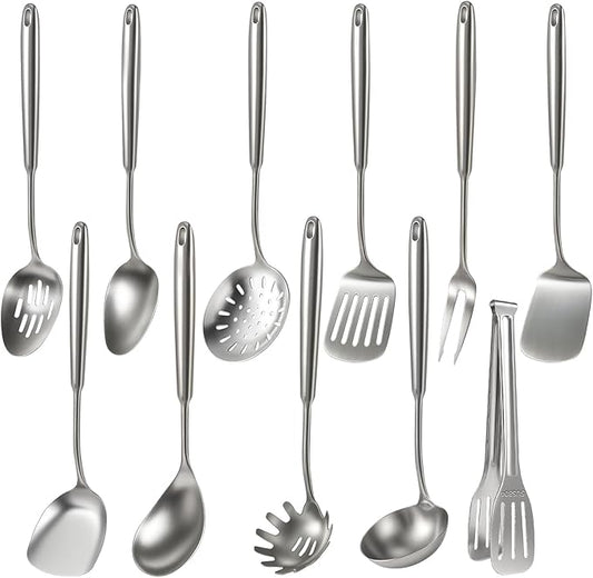 Newness 11 Pcs Cooking Utensils Set, 304 Stainless Steel Kitchen Utensils Set, Metal Kitchen Accessories, Include Soup Ladle, Slotted Skimmer Spoon, Spaghetti Spoon and Spatula, Dishwasher Safe