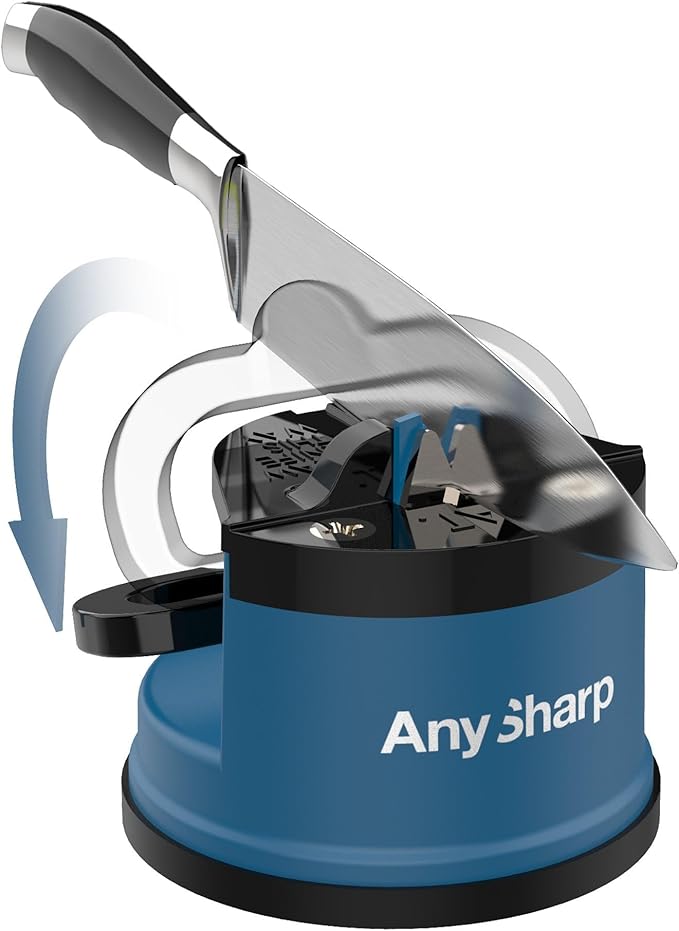 AnySharp – Global – Hands Free Knife Sharpener - Easy to Use Sharpening Tool with PowerGrip Suction Base and 20-Degree Pre-Set Angle - for All Knives: Chef's, Serrated, and Hardened Steel - Blue - Image 2