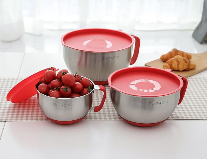 Rorence Mixing Bowls with Lids Set: Stainless Steel Mixing Bowls with Handles, Non-Slip Bottom & Pour Spout - Red, 3 quarts - Image 4