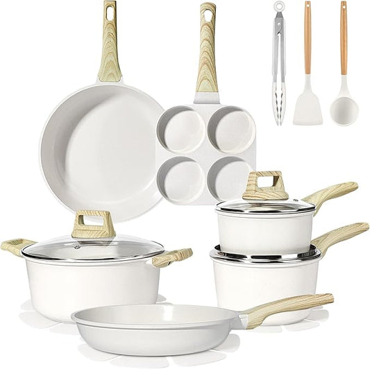 GiPP Ceramic Pots and Pans Set Non Stick - 17 Pcs Nonstick Cookware Set, Non-toxic Healthy Kitchen Cooking Set/Frying Pans Set, Dishwasher Safe, PFAS PTFE PFOA PFOS Free, Cream White