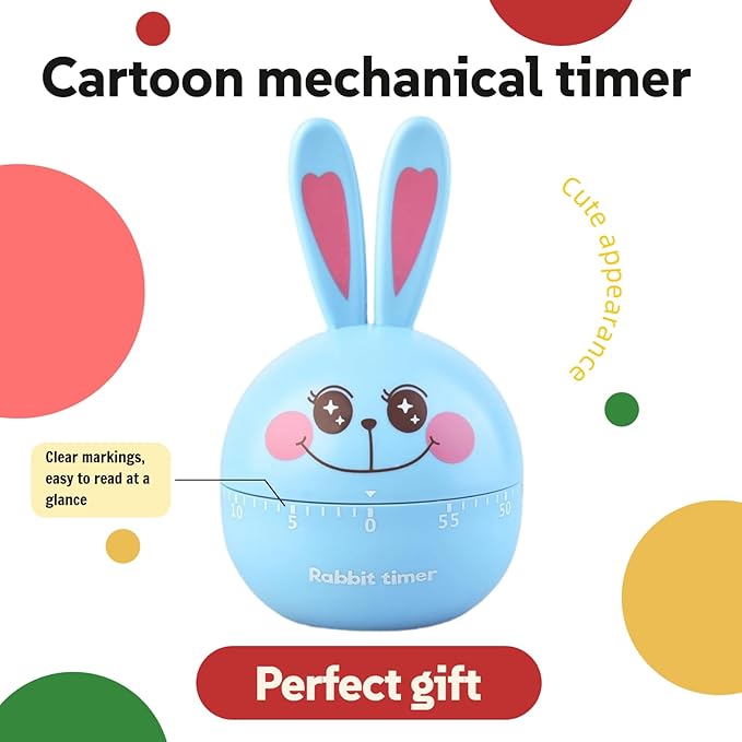 Cartoon Mechanical Kitchen Timer, 60 Minutes Countdown Timer, Mechanical Visual Timer for Kids - No Batteries Required, Kitchen Timer for Cooking, Home, Study and Classroom (Blue-C)