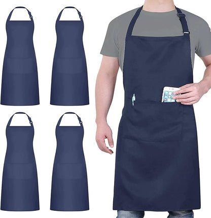 4 Pack Chef Apron, Waterproof Apron, Adjustable Apron with 2 Pockets for Men Women, Apron for Cooking Baking Restaurant (Polyester Blend, Navy Blue) by loteaf