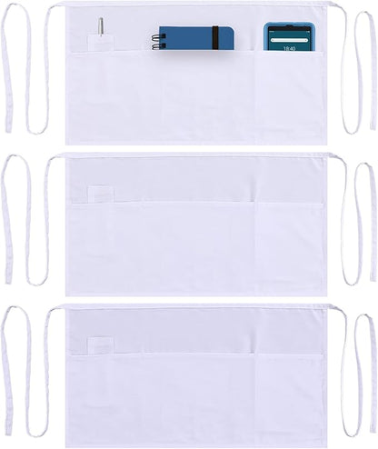 Dreamology Waitress Apron with Pockets, Short Aprons with Pockets,Waist Aprons, Server Aprons with 3 Pockets, Gardening, Cooking & Waiter aprons,Server apron Short | Long Strap - White Apron (3 Pack)