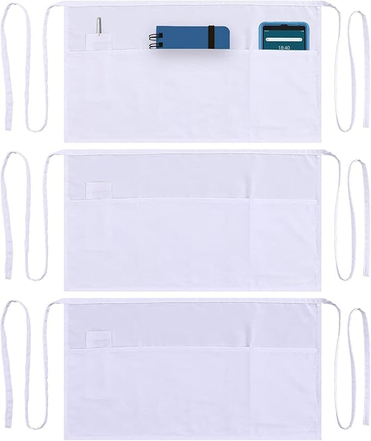 Dreamology Waitress Apron with Pockets, Short Aprons with Pockets,Waist Aprons, Server Aprons with 3 Pockets, Gardening, Cooking & Waiter aprons,Server apron Short | Long Strap - White Apron (3 Pack)