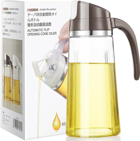 Marbrasse Auto Flip Olive Oil Dispenser Bottle,20 OZ Leakproof Condiment Container With Automatic Cap and Stopper,Non-Drip Spout,Non-Slip Handle for Kitchen Cooking Brown by Marbrasse