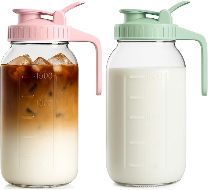 2 Pack - 64oz Glass Breast Milk Pitcher with Lid & Spout, Leakproof Mason Jar Breastmilk Pitcher - Wide Mouth, Airtight 2 Quart Water Jug for Milk Storage, Breastmilk, Sun Tea, Iced Coffee, Juice by VA1KENE