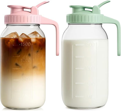 2 Pack - 64oz Glass Breast Milk Pitcher with Lid & Spout, Leakproof Mason Jar Breastmilk Pitcher - Wide Mouth, Airtight 2 Quart Water Jug for Milk Storage, Breastmilk, Sun Tea, Iced Coffee, Juice by VA1KENE