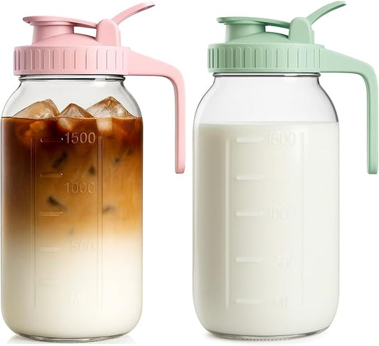2 Pack - 64oz Glass Breast Milk Pitcher with Lid & Spout, Leakproof Mason Jar Breastmilk Pitcher - Wide Mouth, Airtight 2 Quart Water Jug for Milk Storage, Breastmilk, Sun Tea, Iced Coffee, Juice by VA1KENE