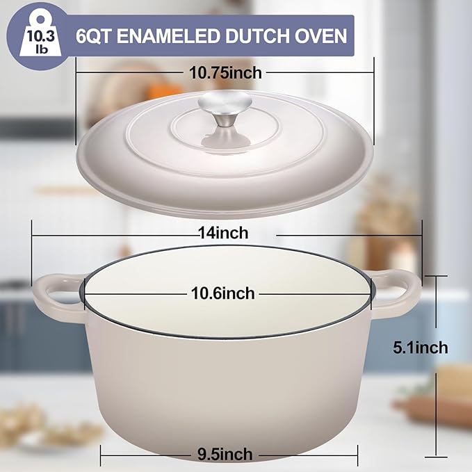 TeamFar Dutch Oven, 6QT Enameled Cast Iron Dutch Oven Cooking Pot with Lid & Dual Handles, for Bread Baking Braising Stewing, Heavy Duty & Non Stick, Oven & All Stovetops Safe - Khaki - Image 2