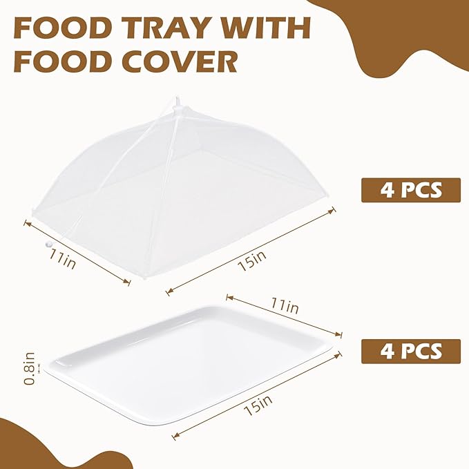 Baderke 8 Pack Plastic Serving Trays with Food Covers 15" x 11" Reusable Serving Platters 16" x 12" Foldable Mesh Food Tents Christmas Party Supplies Set for Outdoor Picnics Bar Fruit Cookies Dessert - Image 2
