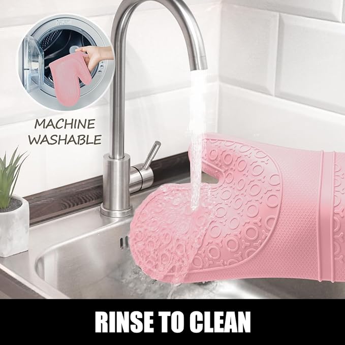 Rorecay 6pcs Oven Mitts and Pot Holders Sets for Kitchen, Extra Long Non-Slip Silicone Oven Gloves Heat Resistant 500 Degrees Potholders Hot Pads for Baking Cooking, Quilted Liner, Pink - Image 5