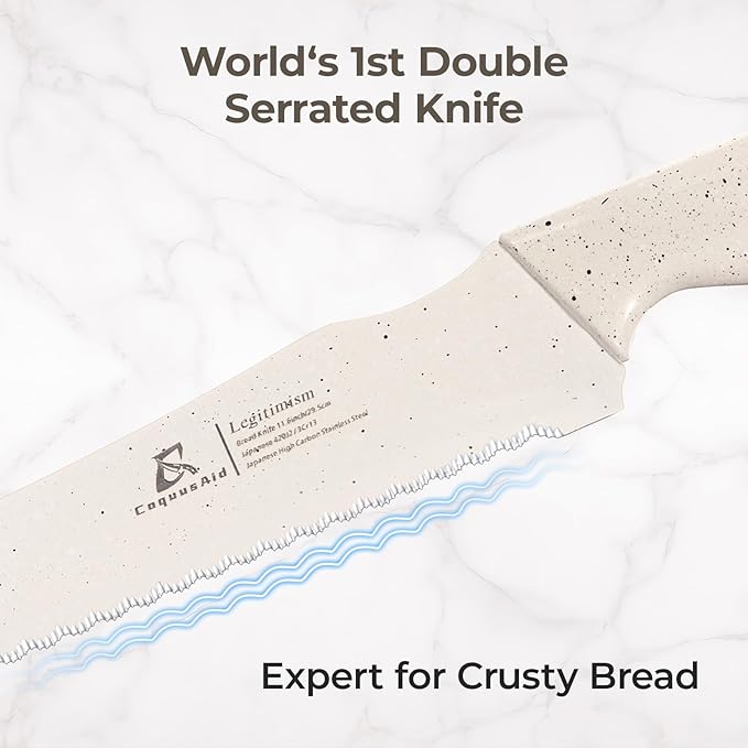 CoquusAid Upgrade Bread Knife for Homemade Bread, World‘s 1st Double Serrated Knife with 5 Thickness Adjustable Slicing Guide, Stainless Steel Bread Cutter, Razor Sharp for Sourdough, Creamy White - Image 2