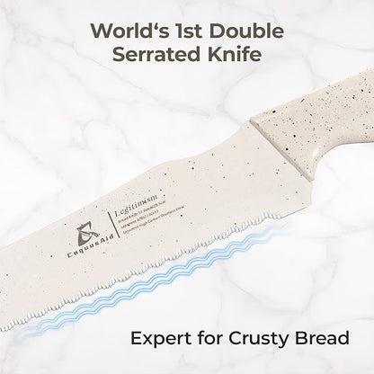 CoquusAid Upgrade Bread Knife for Homemade Bread, World‘s 1st Double Serrated Knife with 5 Thickness Adjustable Slicing Guide, Stainless Steel Bread Cutter, Razor Sharp for Sourdough, Creamy White - Image 2