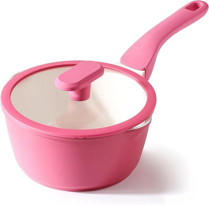 PRICUSIS Ceramic Nonstick Saucepan with Lid, 2 Quart Non Toxic Pot with Pour Spouts, Full Coated, 100% Dishwasher Safe, Induction Compatible & Oven Safe, PTFE PFAS & PFOA Free, Raspberry Red by PRICUSIS