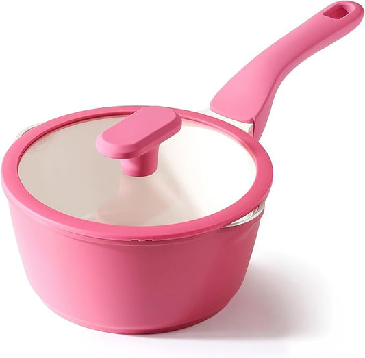 PRICUSIS Ceramic Nonstick Saucepan with Lid, 2 Quart Non Toxic Pot with Pour Spouts, Full Coated, 100% Dishwasher Safe, Induction Compatible & Oven Safe, PTFE PFAS & PFOA Free, Raspberry Red by PRICUSIS