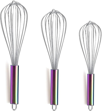Berglander Rainbow Handle Whisk Pack of 3 Stainless Steel 8",10",12", Titianium Plating Colorful Handle Whisks for Cooking, Beater,Wire Whisk Set Kitchen Wisk (Rainbow Handle) by Berglander