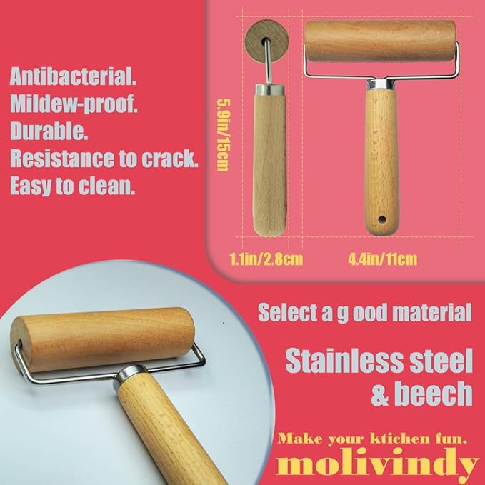 Small Rolling Pin, Wooden Dough Roller, Non-Stick Pizza Roller, Dough Baker Roller Set for Home Kitchen Baking Cooking. - Image 2