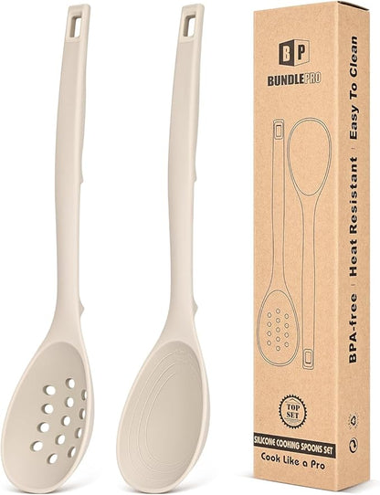 Pack of 2 Silicone Cooking Spoons, Non Stick Solid Kitchen Spoon with Measuring Marks & Back Hooks, Heat Resistant Silicone Slotted Spoon for Cooking, Mixing, Stirring,Serving(KHAKI)