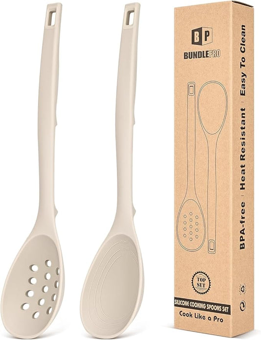 Pack of 2 Silicone Cooking Spoons, Non Stick Solid Kitchen Spoon with Measuring Marks & Back Hooks, Heat Resistant Silicone Slotted Spoon for Cooking, Mixing, Stirring,Serving(KHAKI)