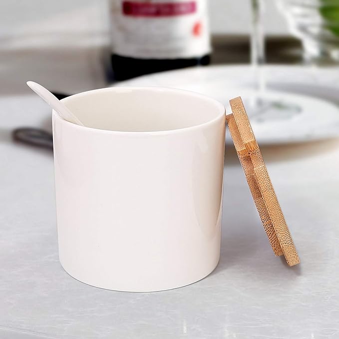 June Sky Ceramic Food Storage Containers with Bamboo Lid- Modern Design Porcelain Jar- Perfect Canister for Sugar Bowl Serving Tea, Coffee, Spice- Condiment Pot 8 oz, white