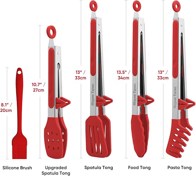 5-Pack Silicone Tongs for Cooking,Maywe Tanso 4PCS 13-Inch Kitchen Tongs with Silicone Tips,Nonstick Stainless Steel Tong for Steak Pie Pizza Pasta Spaghetti Salad BBQ Buffet,Plus Brush - Image 5
