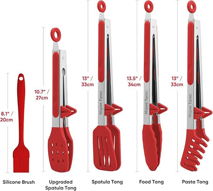 5-Pack Silicone Tongs for Cooking,Maywe Tanso 4PCS 13-Inch Kitchen Tongs with Silicone Tips,Nonstick Stainless Steel Tong for Steak Pie Pizza Pasta Spaghetti Salad BBQ Buffet,Plus Brush - Image 5