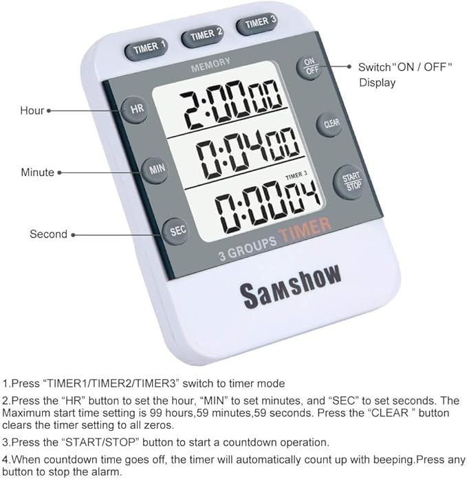 Digital Kitchen Timer Dual Timers 3 Channels Count UP/Down Cooking Timer Large Display, Adjustable Volume Alarm with Magnetic Back, Stand, Battery Included - Image 3