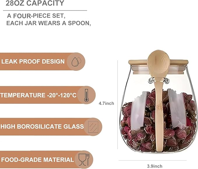 Airtight glass jar storage container with bamboo lid Set of 4, wide mouth, leak-proof, With a spoon, can be used for coffee beans, tea leaves, grains, dried fruits, etc (Middle*4pcs) - Image 2
